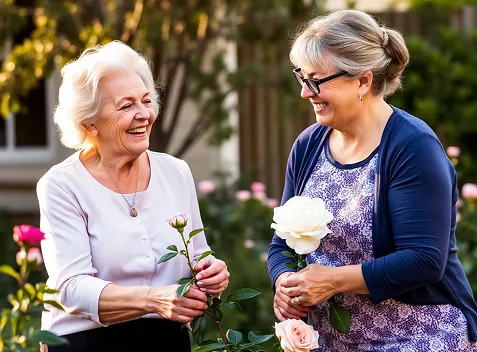 An older woman and her support worker smiling together while tending roses in the garden